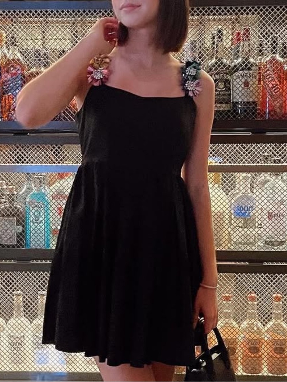 Queen of Sparkles Black Sleeveless Mini Dress with Floral Beaded Straps